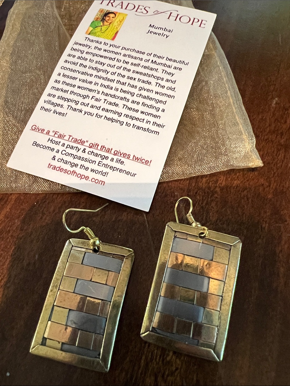 Trades of Hope Gold and Silver Mosaic Rectangle Drop Earrings - Picture 2 of 4